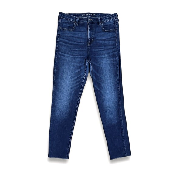 American Eagle Super Hi-Rise Crop Stretch Denim Dark Wash Jeans Raw Hem Sz 14 - Picture 1 of 11